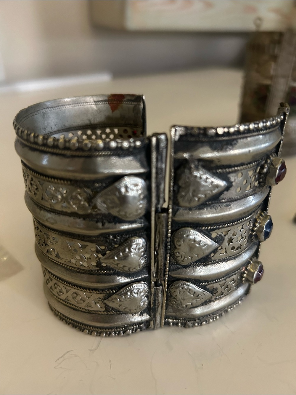 Vintage Indian Wear Silver-Tone Cuff Bracelet with Red and Blue Stones - Picture 4 of 10
